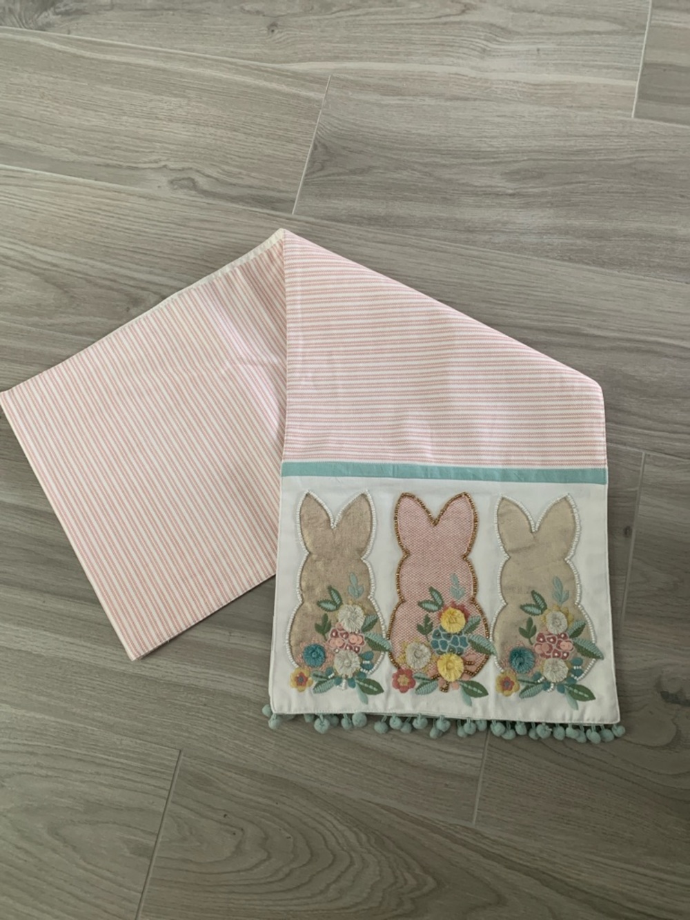 Pier 1 Pink, Cream & Aqua Bunny Embroidered Table Runner